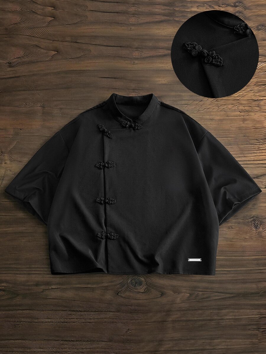 SWAVVY Camisa casual de verano para hombre de unicolor con botones de rana - Negro - Ver 1