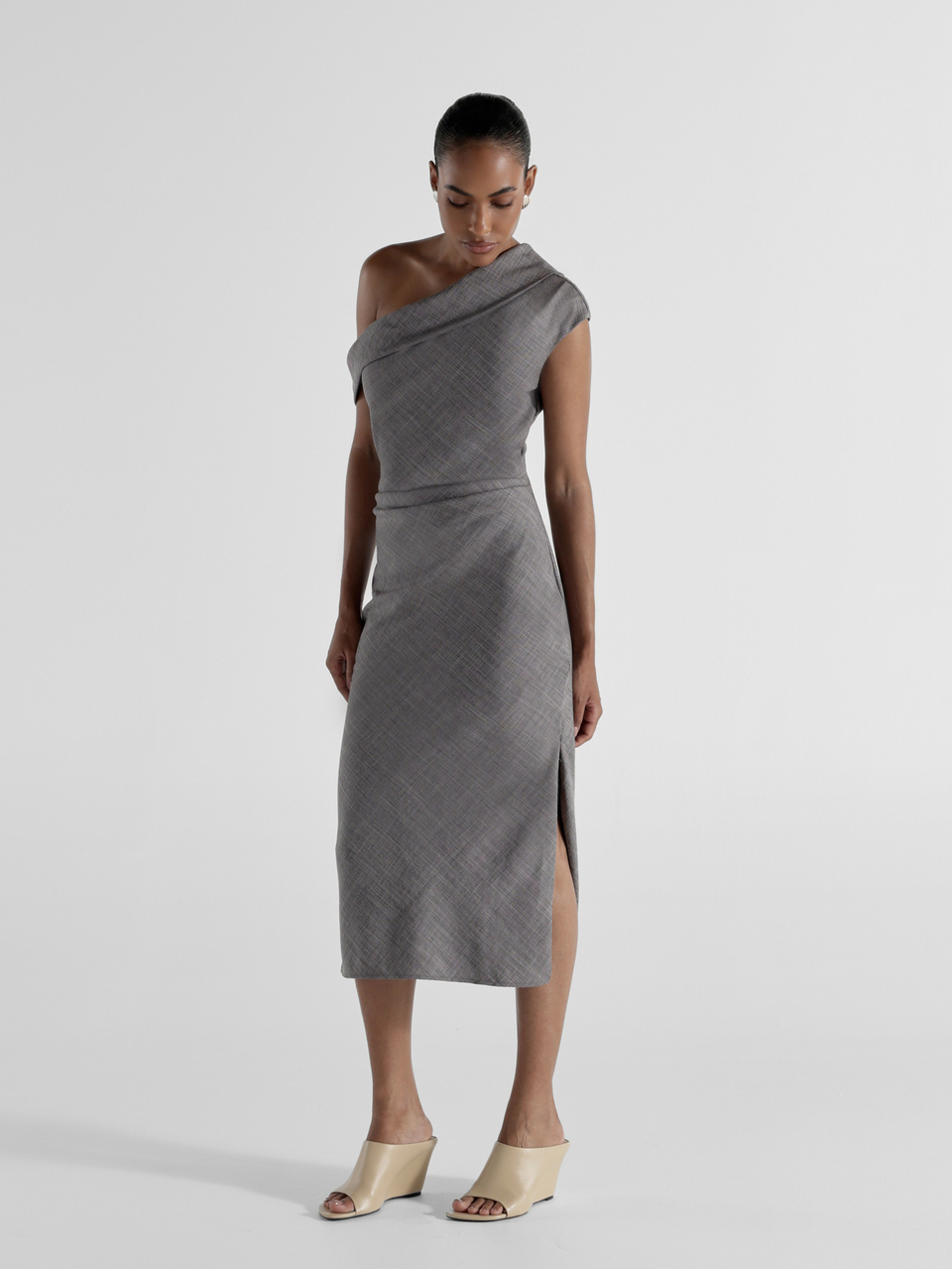 KSTM One-Shoulder Draped Midi Dress With Cap Sleeve Sheath Silhouette Structured Waistband And Side Slit Evening Style