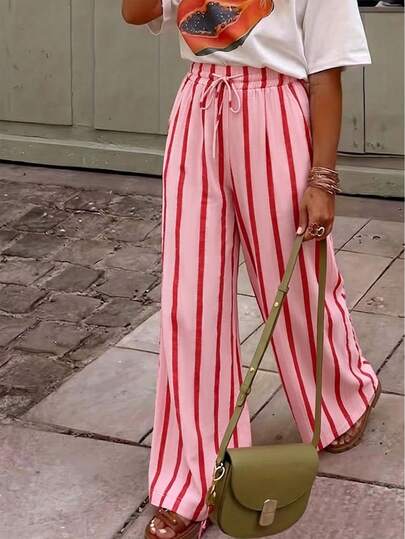 INAWLY Gerade geschnittene Hose mit Tunnelzug Taille, süße Hose mit Polka Dot Muster, lässige Hose für Frauen, Strandhose für Frauen mit Muster, bedruckte Hose für Frauen, Sommerhose für Frauen, Sommerhose für Frauen mit Polka Dots, weite Hose für Frauen mit hoher Taille