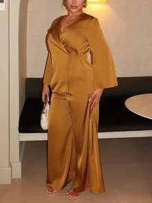 Maria Perezxox Olive Autumn Elegant Dining Women's Mustard Yellow Satin Wrap Blouse And Wide Leg Pants 2 Pieces Set,Casual Fall And Winter Office Outfits For Ladies - Mustard Yellow - View 7