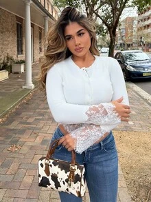 Maria Perezxox 女款時尚針織羅紋蕾絲拼接長袖T恤休閒風 - 白色 - 查看 5