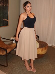 Maria Perezxox Women's High Waist A-Line Skirt,Khaki,Summer,Casual,Office Versatile Elastic Waist Flared Swing Skirts With Button Decor,Woven Twill Fabric,Apricot - Khaki - View 3