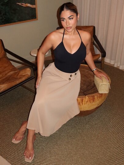 Maria Perezxox Women's High Waist A-Line Skirt,Khaki,Summer,Casual,Office Versatile Elastic Waist Flared Swing Skirts With Button Decor,Woven Twill Fabric,Apricot