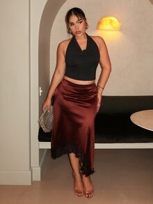 Maria Perezxox Y2K Sexy Lace Patchwork Elegant Resort Satin Mini Skirt - Coffee Brown - View 1