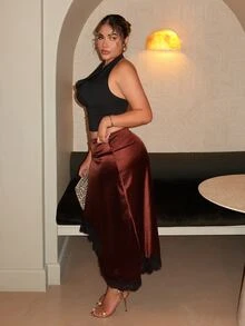 Maria Perezxox Y2K Sexy Lace Patchwork Elegant Resort Satin Mini Skirt - Coffee Brown - View 3