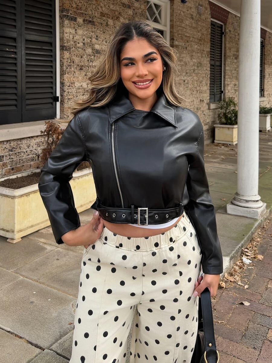 Maria Perezxox Women's Long Sleeve Zipper Front Loose Design PU Leather Jacket Fall Winter Cloth For Women Black - Black - View 1