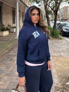 Maria Perezxox 女款字母印花落肩長袖前開襟拉鍊休閒運動衫，秋冬季 - 藏蓝色 - 查看 4