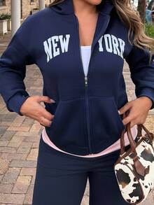 Maria Perezxox 女款字母印花落肩長袖前開襟拉鍊休閒運動衫，秋冬季 - 藏蓝色 - 查看 3