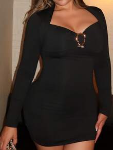 Maria Perezxox New Elegant Party Cocktail Dress, Burgundy Color With Metal Decor, Fitted Silhouette, Suitable For Christmas And Formal Occasions Black - Black - View 5