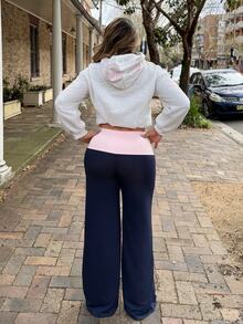 Maria Perezxox Women Casual Contrast Foldover Waist Wide Leg Sweatpants Navy Blue,Summer,Athleisure,Loungewear,Back To School Fall Cloth,Teacher Outfits,Graduation - Navy Blue - View 2
