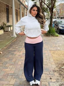 Maria Perezxox Women Casual Contrast Foldover Waist Wide Leg Sweatpants Navy Blue,Summer,Athleisure,Loungewear,Back To School Fall Cloth,Teacher Outfits,Graduation - Navy Blue - View 1