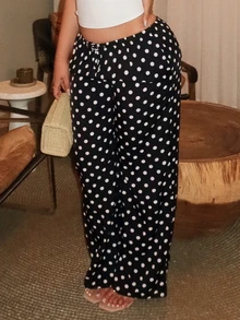 Maria Perezxox 女士黑色波点印花低腰抽绳直筒阔腿裤，春夏度假波西米亚风优雅通勤复古简约百搭日常装 - 黑色 - 查看 4