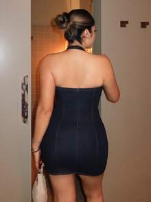 Maria Perezxox 女款露背掛脖迷你牛仔洋裝，海軍藍，夏季，優雅性感時尚，夜店風，深V高腰緊身復古深色水洗休閒穿搭 - 藍色 - 查看 3