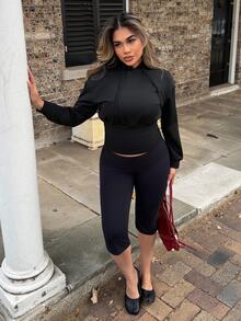 Maria Perezxox 女款棕色連帽收腰長袖運動衫，秋冬休閒款 - 黑色 - 查看 4