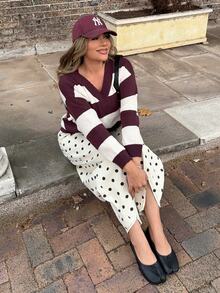 Maria Perezxox Women's Casual Loose V-Neck Drop Shoulder Striped Knight Pattern Sweater, Autumn/Winter - Multicolor - View 1