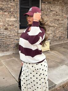 Maria Perezxox Women's Casual Loose V-Neck Drop Shoulder Striped Knight Pattern Sweater, Autumn/Winter - Multicolor - View 5