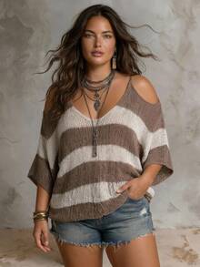 SHEIN Clasi Plus Size Brown Colorblock Open Shoulder Sexy Soft Form Traditional Casual Decent Streetwear Knit Top Vacation Formal Summer Office - Multicolor - View 3