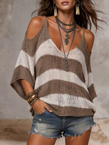 SHEIN Clasi Plus Size Brown Colorblock Open Shoulder Sexy Soft Form Traditional Casual Decent Streetwear Knit Top Vacation Formal Summer Office - Multicolor - View 5