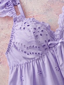 Elorette 淡紫色刺繡飄逸袖 A 字下擺 寬鬆蝴蝶結 波希米亞浪漫田園風女款睡裙 - 紫色 - 查看 9
