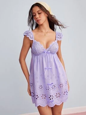 Elorette Light Purple Embroidered Flutter Sleeve A-Line Hem Loose Bow Bohemian Romantic Pastoral Women's Nightgown