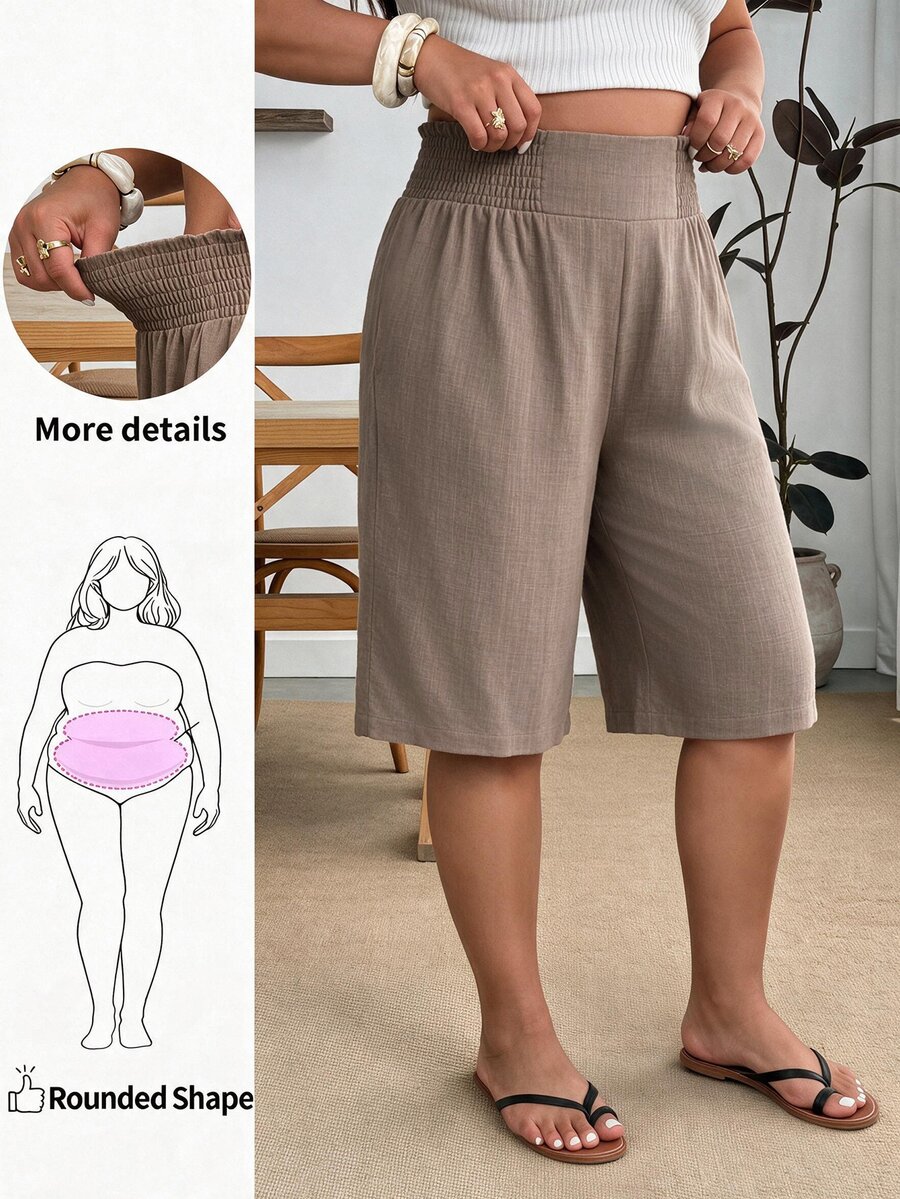 Enliva Plus Size Elastic Waist Woven Casual Six-Point Shorts - Camel - View 1