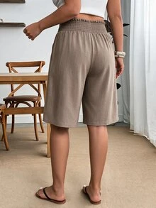 Enliva Plus Size Elastic Waist Woven Casual Six-Point Shorts - Camel - View 3
