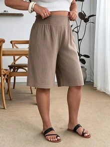 Enliva Plus Size Elastic Waist Woven Casual Six-Point Shorts - Camel - View 6