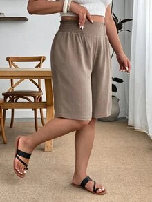 Enliva Plus Size Elastic Waist Woven Casual Six-Point Shorts - Camel - View 4