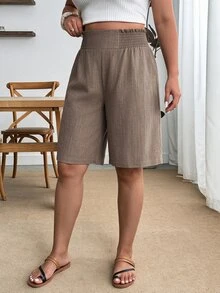 Enliva Plus Size Elastic Waist Woven Casual Six-Point Shorts - Camel - View 2