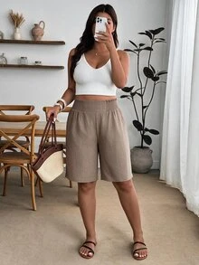 Enliva Plus Size Elastic Waist Woven Casual Six-Point Shorts - Camel - View 5