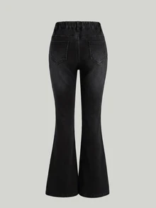 SHEIN Tween女孩黑色丹寧刷毛內裡喇叭褲，秋冬款 - 黑色 - 查看 3