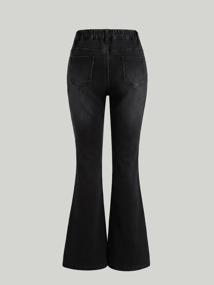 SHEIN Tween Girl Tween Girl Girls' Black Denim Fleece Lined Flare Leg Pants, Autumn/Winter - Black - View 3