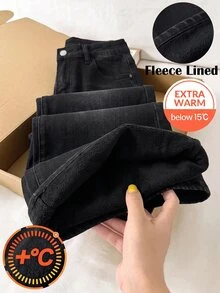 SHEIN Tween女孩黑色丹寧刷毛內裡喇叭褲，秋冬款 - 黑色 - 查看 6