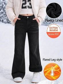SHEIN Tween女孩黑色丹寧刷毛內裡喇叭褲，秋冬款 - 黑色 - 查看 2
