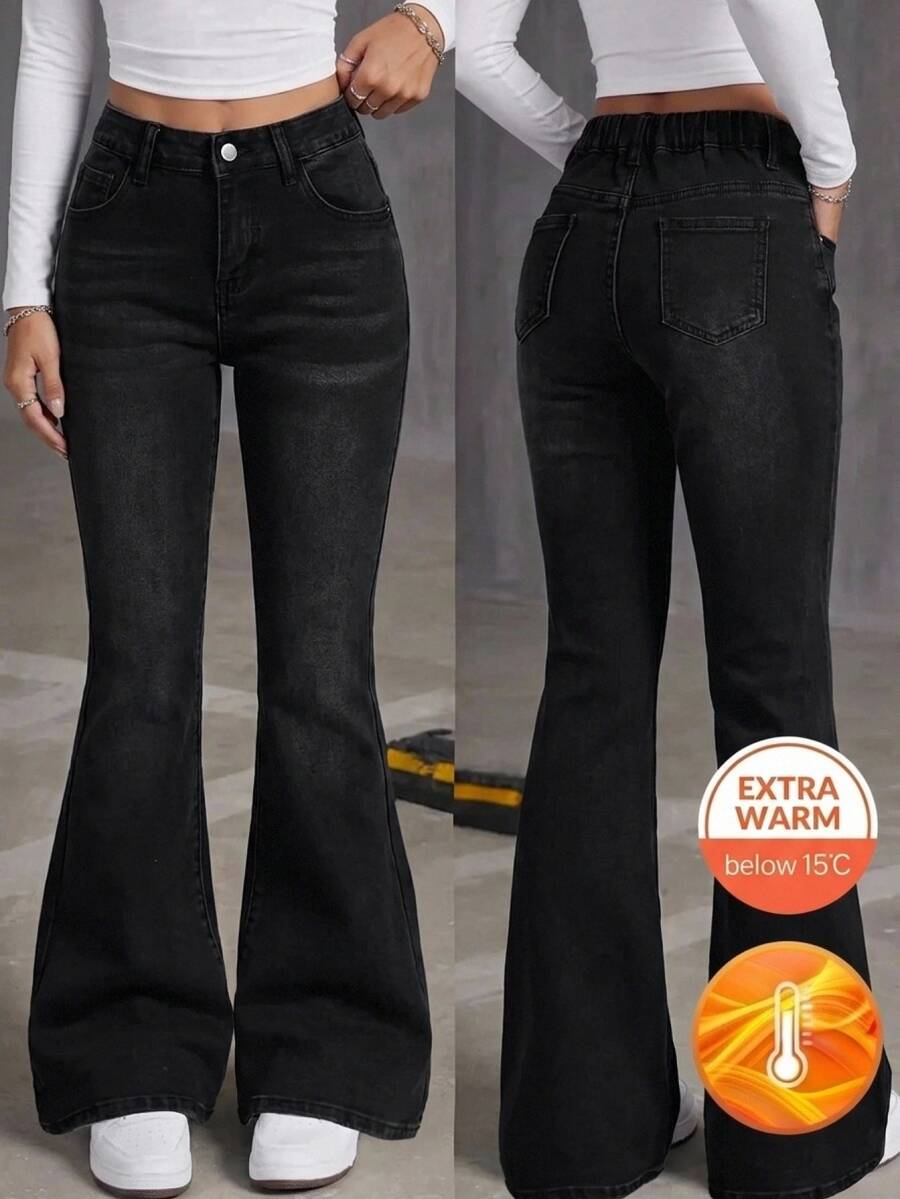 SHEIN Tween女孩黑色丹寧刷毛內裡喇叭褲,秋冬款 - 黑色 - 查看 1