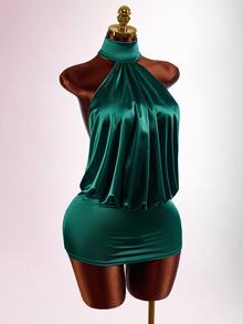 Amplova Women's Shiny Backless Mini Halter Neck Dress - Green - View 7