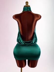 Amplova Women's Shiny Backless Mini Halter Neck Dress - Green - View 11