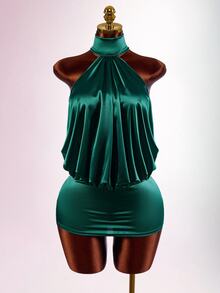 Amplova Women's Shiny Backless Mini Halter Neck Dress - Green - View 5