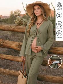 Boho Mama Set Pakaian Santai Hamil Warna Polos, Kemeja Lengan Panjang dengan Ikatan Depan dan Celana Panjang dengan Pinggang yang Dapat Diatur, Cocok untuk Musim Gugur. - Hijau - View 3