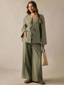 Boho Mama Set Pakaian Santai Hamil Warna Polos, Kemeja Lengan Panjang dengan Ikatan Depan dan Celana Panjang dengan Pinggang yang Dapat Diatur, Cocok untuk Musim Gugur. - Hijau - View 9