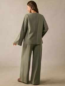 Boho Mama Set Pakaian Santai Hamil Warna Polos, Kemeja Lengan Panjang dengan Ikatan Depan dan Celana Panjang dengan Pinggang yang Dapat Diatur, Cocok untuk Musim Gugur. - Hijau - View 8