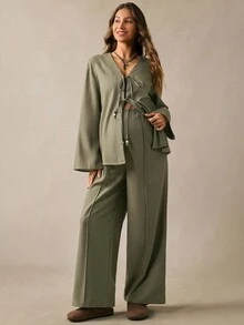 Boho Mama Set Pakaian Santai Hamil Warna Polos, Kemeja Lengan Panjang dengan Ikatan Depan dan Celana Panjang dengan Pinggang yang Dapat Diatur, Cocok untuk Musim Gugur. - Hijau - View 7