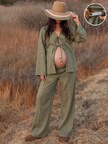 Boho Mama Set Pakaian Santai Hamil Warna Polos, Kemeja Lengan Panjang dengan Ikatan Depan dan Celana Panjang dengan Pinggang yang Dapat Diatur, Cocok untuk Musim Gugur. - Hijau - View 4