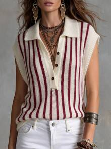 Solivie Women's Colorblock White And Burgundy Autumn Knit Top Casual Retro Vintage 70s Back-To-School Everyday Holiday Brunch - Red and White - View 4