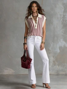 Solivie Women's Colorblock White And Burgundy Autumn Knit Top Casual Retro Vintage 70s Back-To-School Everyday Holiday Brunch - Red and White - View 5