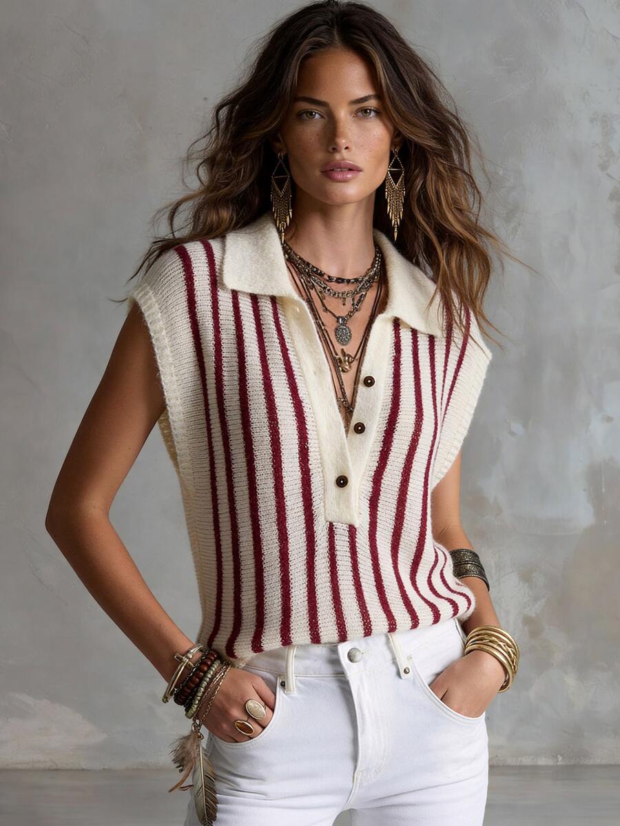Solivie Women's Colorblock White And Burgundy Autumn Knit Top Casual Retro Vintage 70s Back-To-School Everyday Holiday Brunch - Red and White - View 1