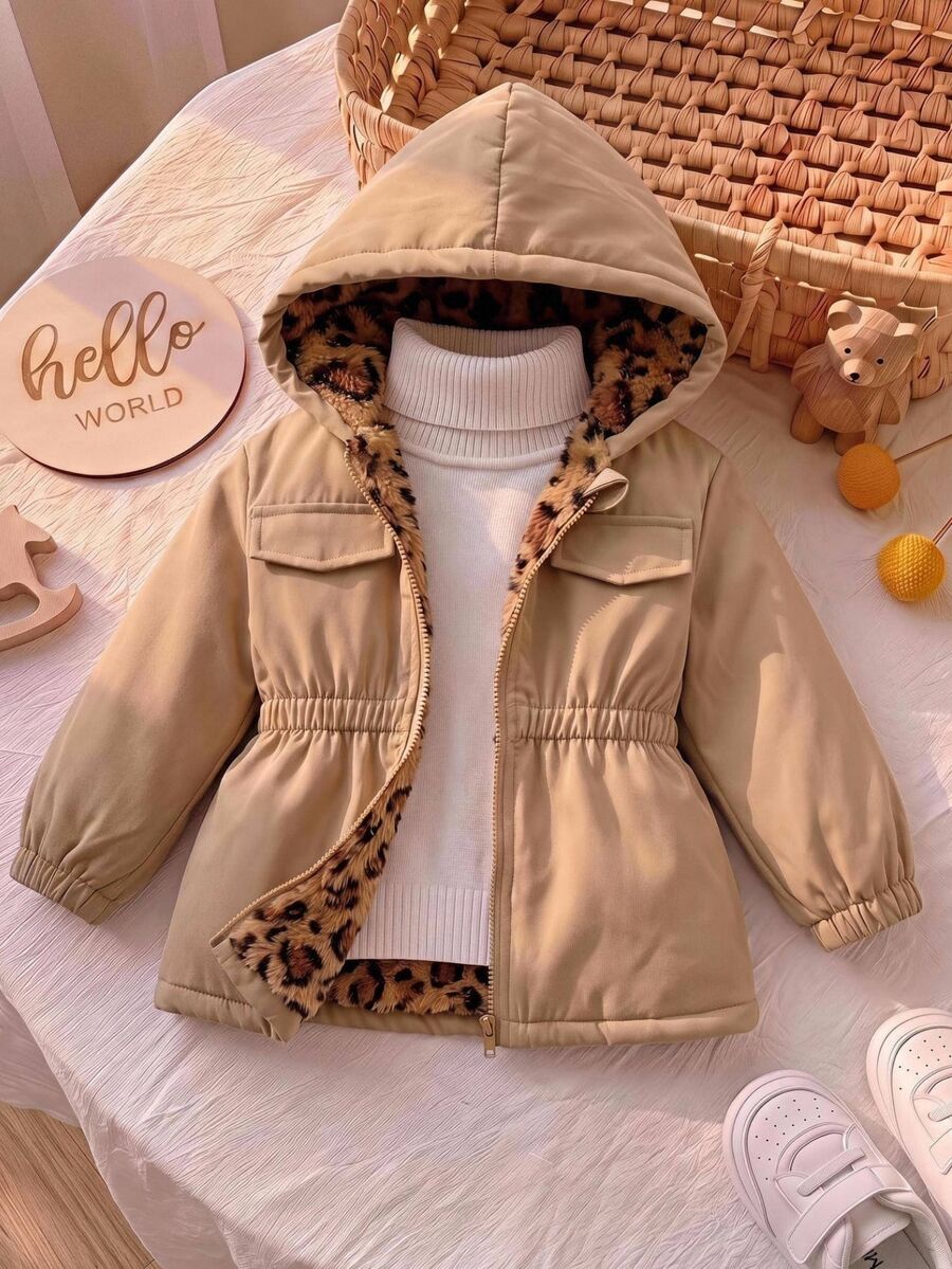 SHEIN Jaket Kasual Bayi Perempuan Motif Leopard Warna Polos Tenun dengan Lapisan Bulu Imitasi dan Tudung - Aprikot - View 1