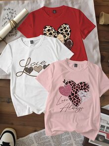 INAWLY 3pcs Women Leopard Print Heart Pattern Short Sleeve T-Shirt Casual Tops, Valentine's Day Set Graphic Cheetah Print Tees Women Tops - Multicolor - View 3