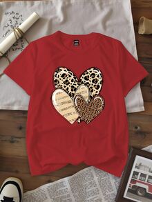INAWLY 3pcs Women Leopard Print Heart Pattern Short Sleeve T-Shirt Casual Tops, Valentine's Day Set Graphic Cheetah Print Tees Women Tops - Multicolor - View 4