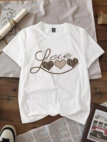 INAWLY 3pcs Women Leopard Print Heart Pattern Short Sleeve T-Shirt Casual Tops, Valentine's Day Set Graphic Cheetah Print Tees Women Tops - Multicolor - View 5